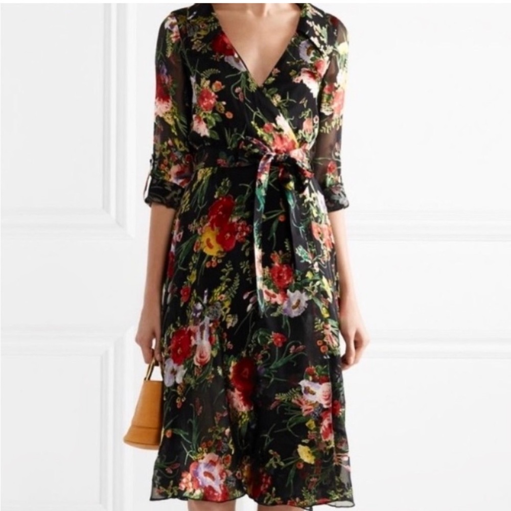 Alice + Olivia Abney Floral Print Burnout Chiffon Wrap Dress Black